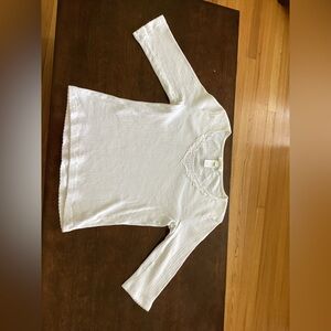 Jones New York White Ribbed V-Neck Lace Trim Long Sleeve Top